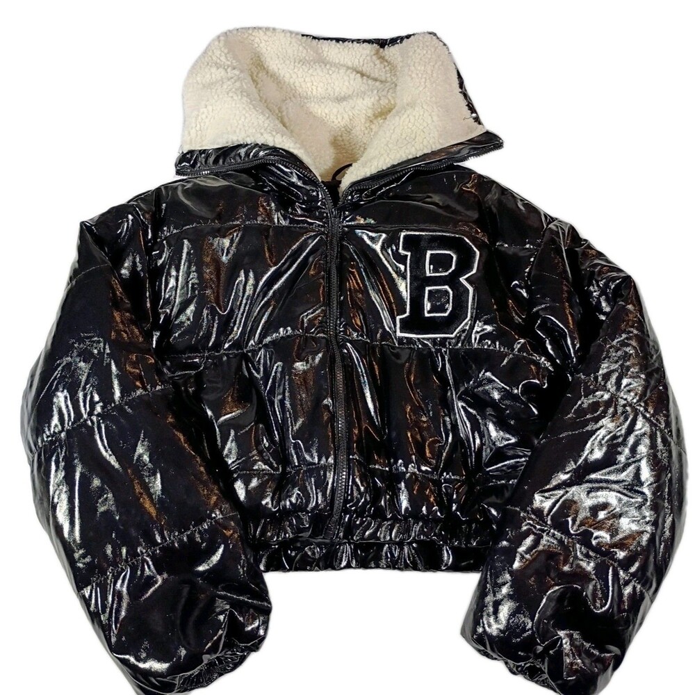 Helium London Shiny Black Puffer Jacket Cropped XL Big Fleece Collar Streetwear